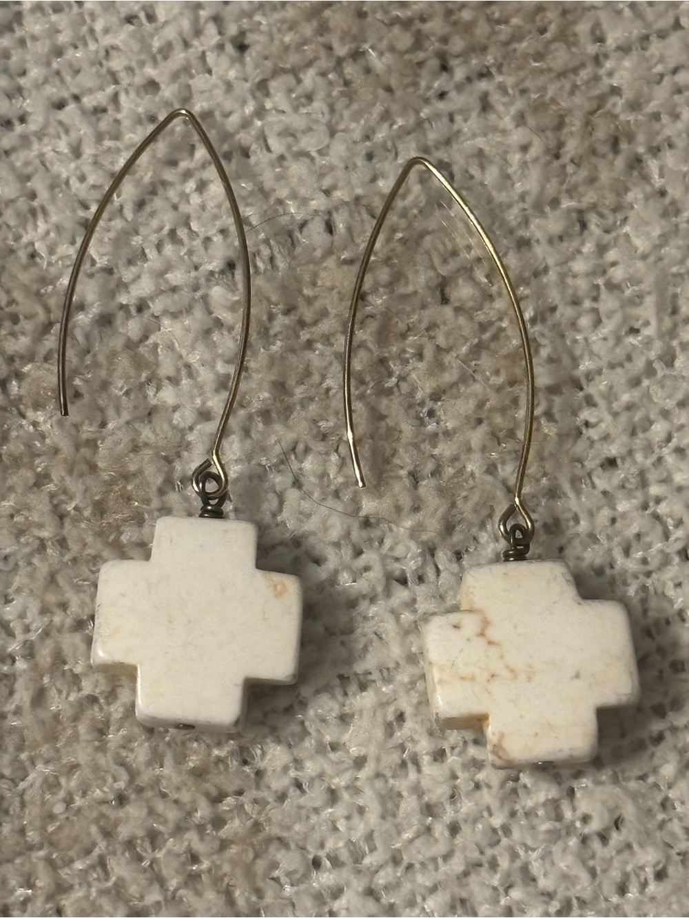 Gold Hook Earrings with White Cross Stone Drops